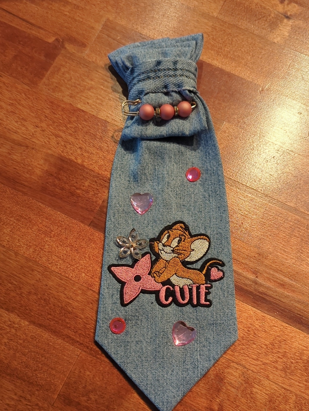 Denim Necklace Tie with Pink Accents - Cute Mouse Design
